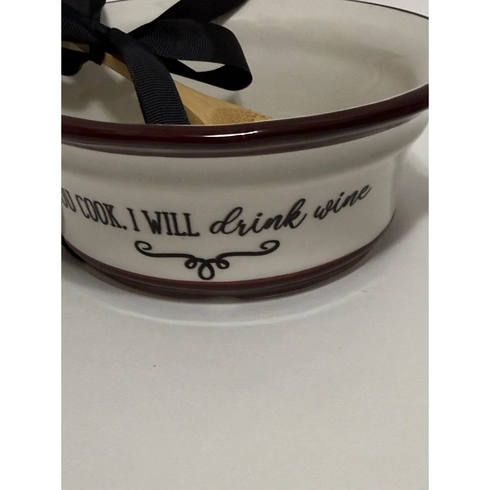 Appetizer Ceramic Bowl‎ Bake Serve Wooden Spoon Good Food/Good Wine/Good Friends